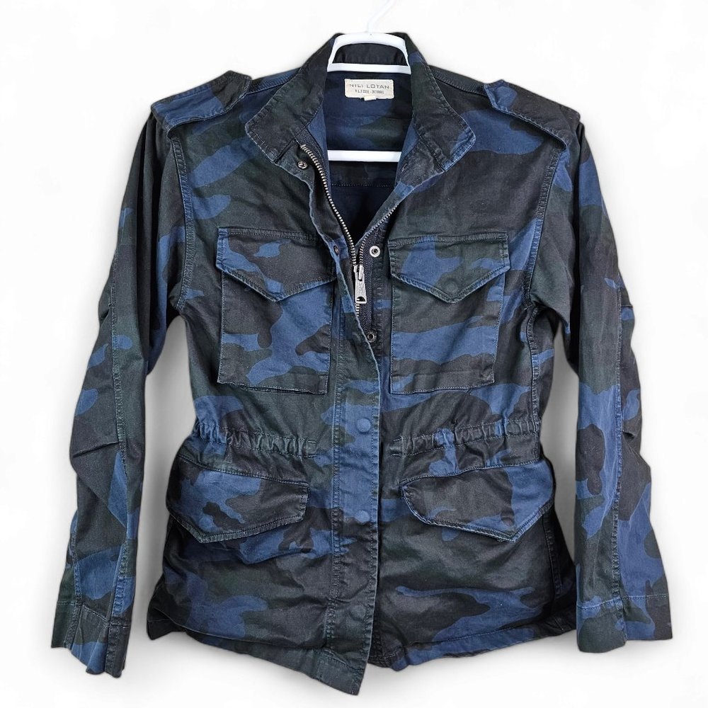 Nili Lotan Jacket Womens XS Blue Camo Military Army Pockets Snap Full Zip Coat